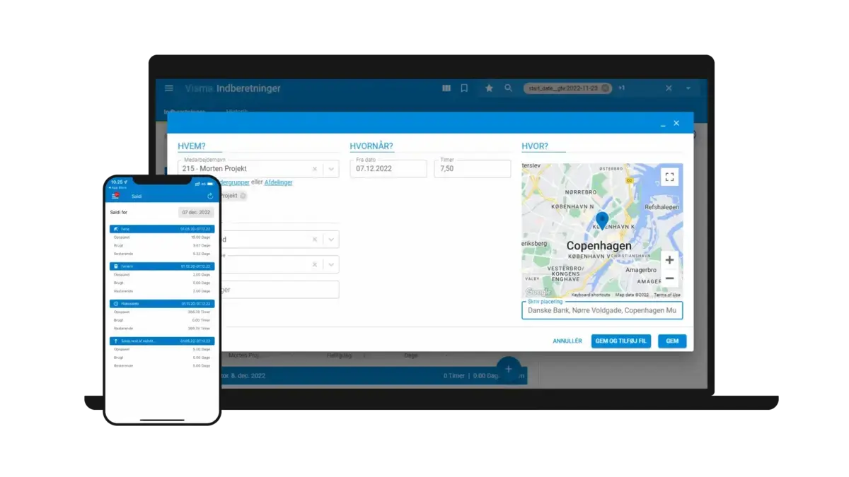 Mockup af tidsregistrering på computer og telefon